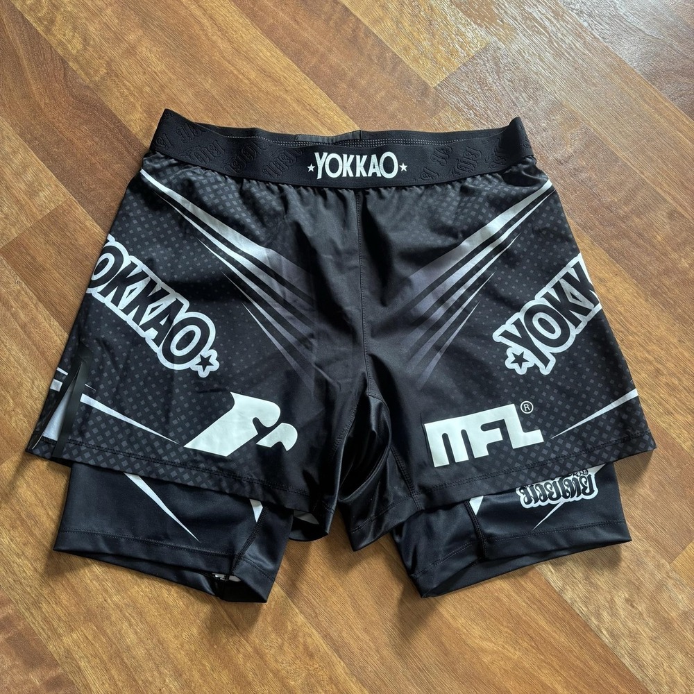 YOKKAO Shorts Mens 2XL Black 8 Inseam MMA Training Compression Lined Athletic